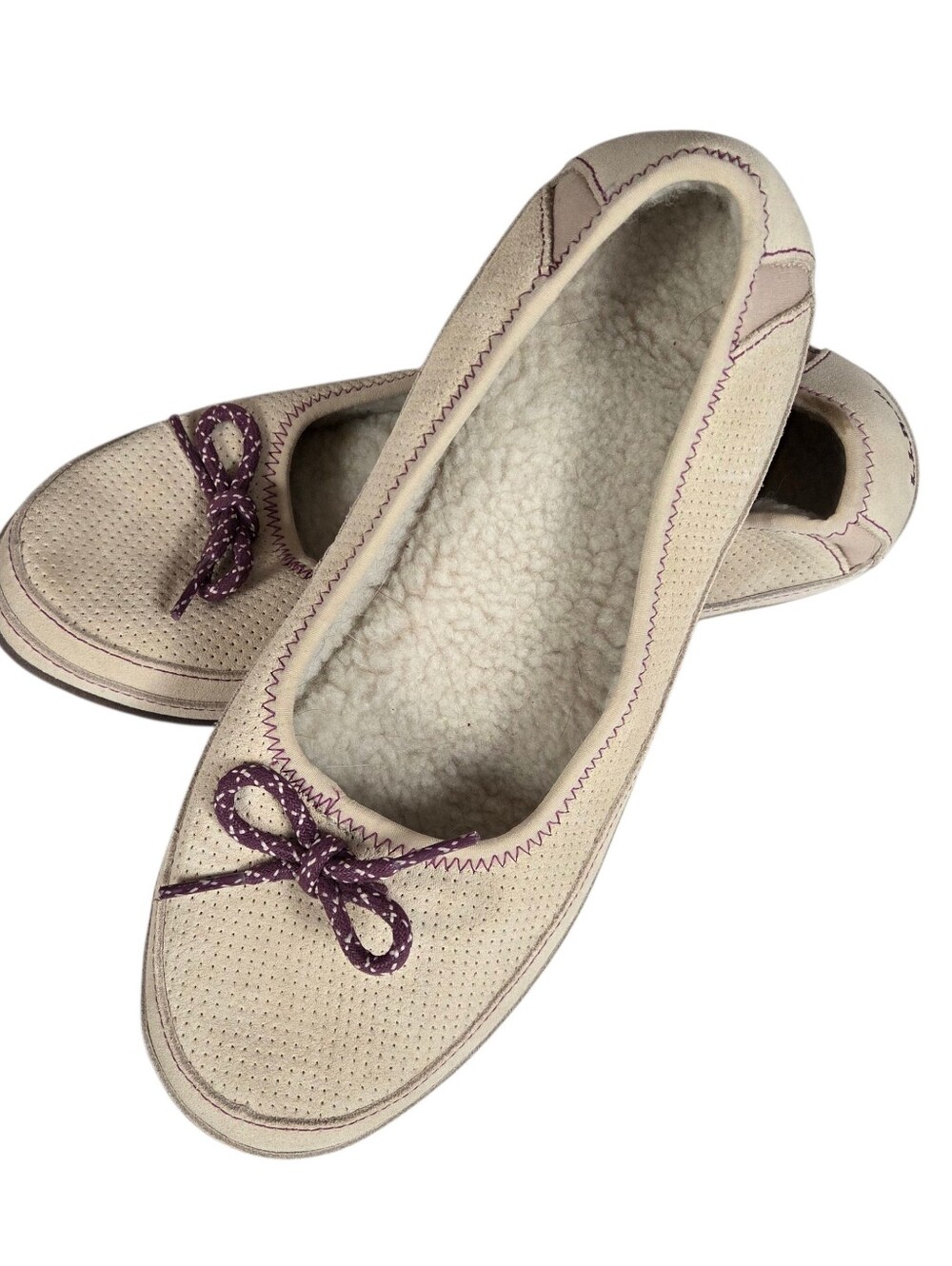 LL Bean Hearthside Slippers Womens 10 Medium Cream/Purple -Fleece Lined *NO BOX*